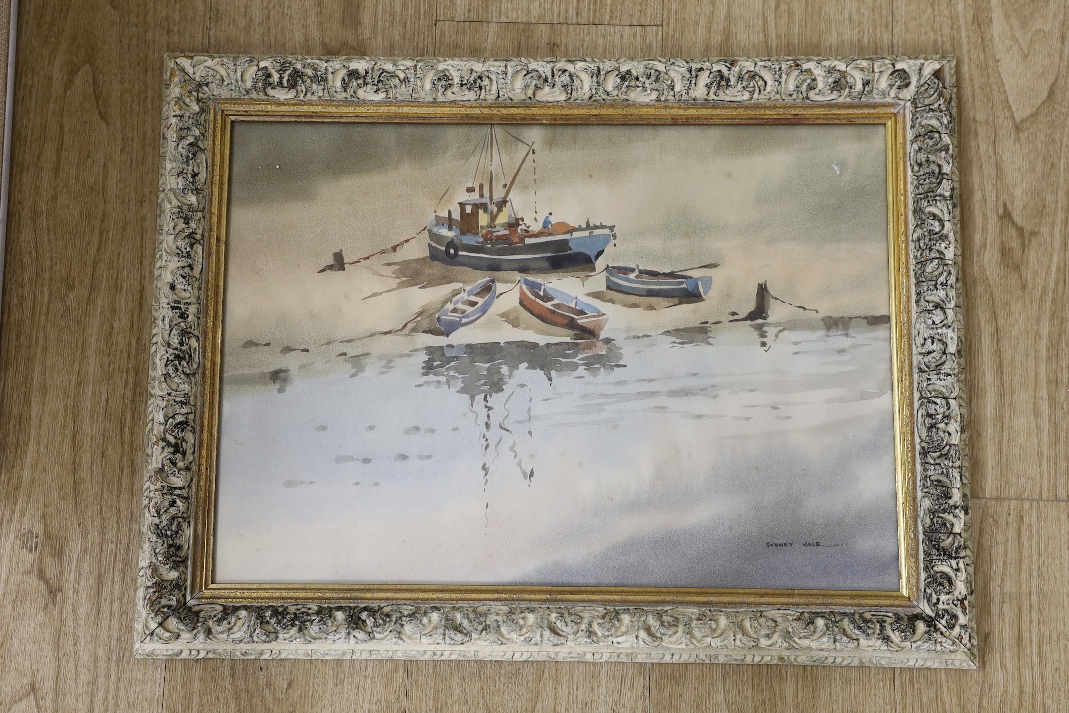 Sydney Vale (1916-1991), watercolour, Beached fishing boats, signed, 36 x 51cm